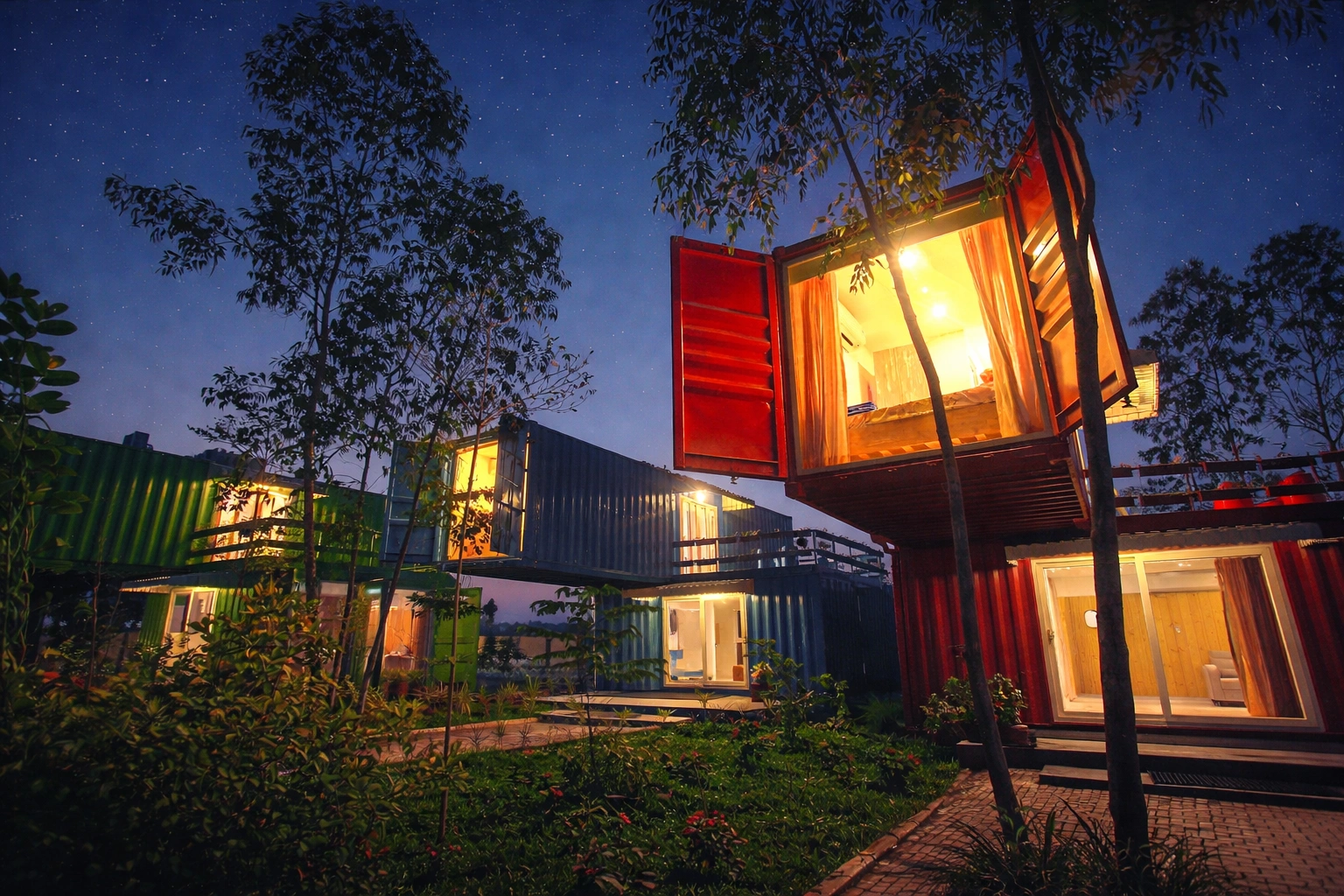 Container villa stay at Café Musica — warm light and calm atmosphere
